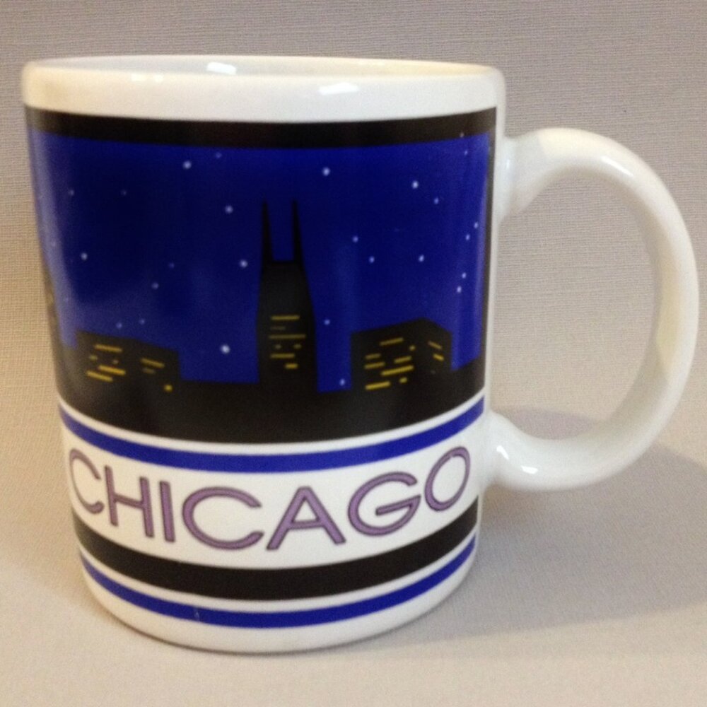 Cup Chicago Illinois Souvenir Coffee Mug Night Skyline Ceramic Blue Vintage